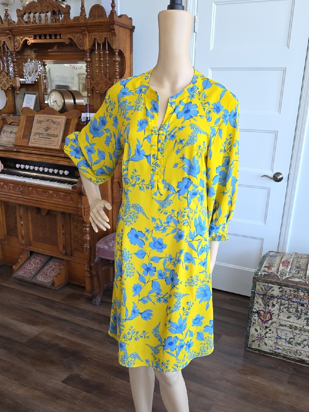 CAbi Yellow Midi Dress with Blue Floral Print